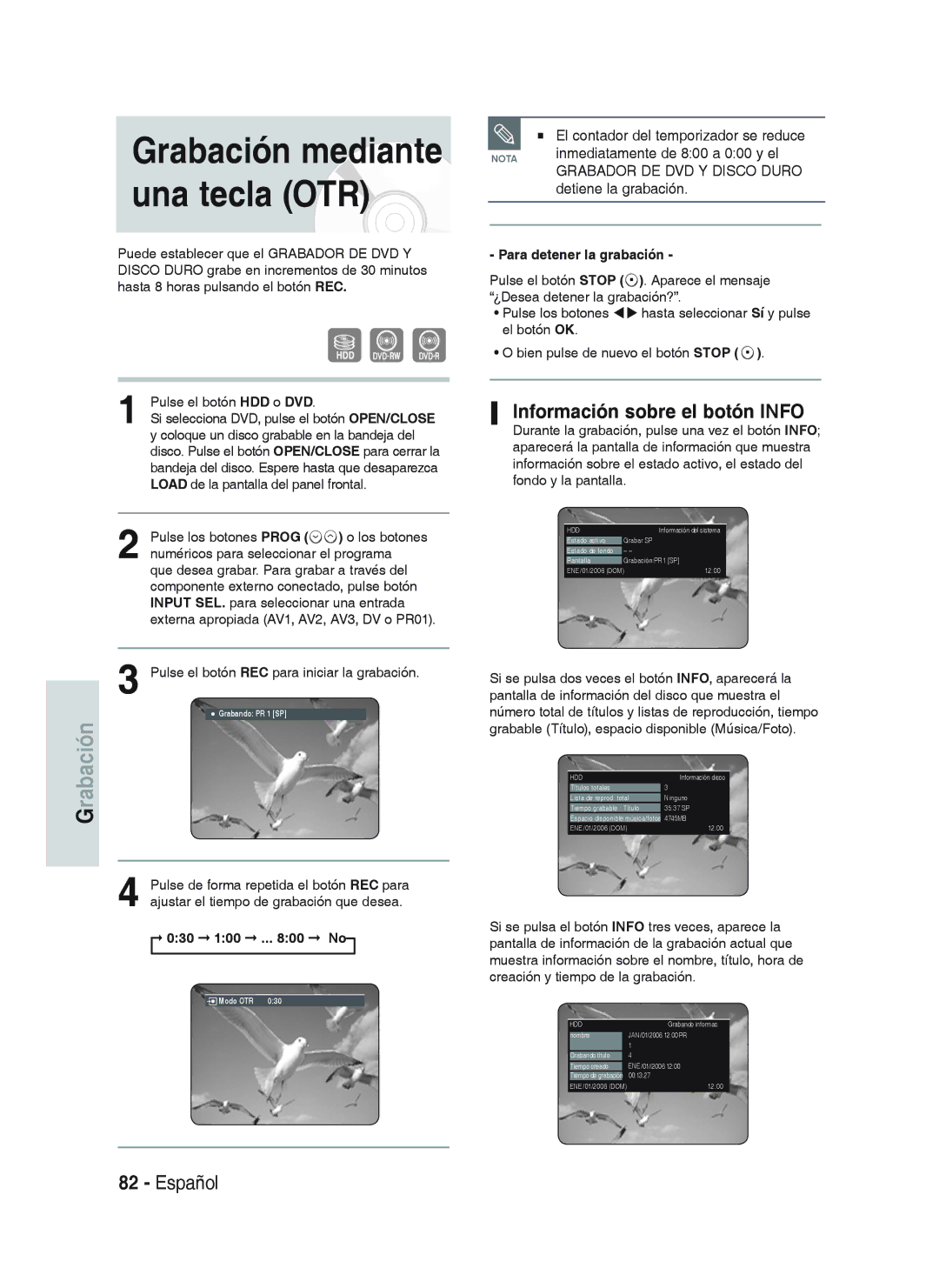 Samsung DVD-HR738/XEH manual Información sobre el botón Info, El contador del temporizador se reduce, Detiene la grabación 