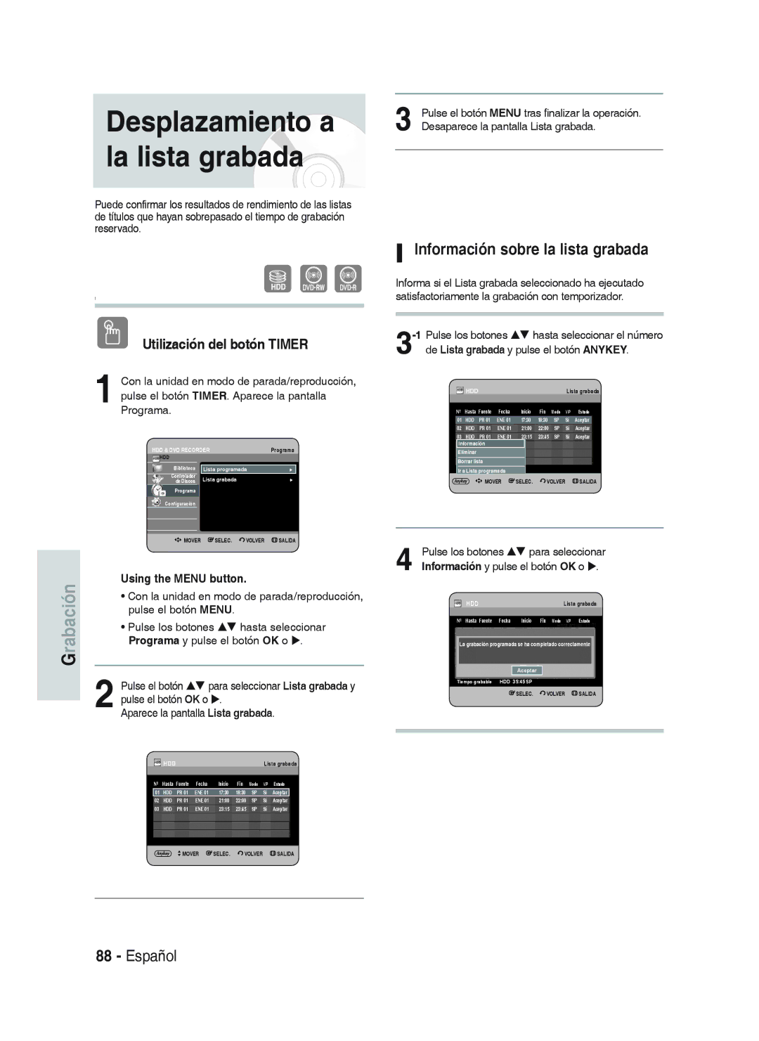 Samsung DVD-HR738/XEF, DVD-HR738/XEG, DVD-HR733/XEG Desplazamiento a la lista grabada, Información sobre la lista grabada 