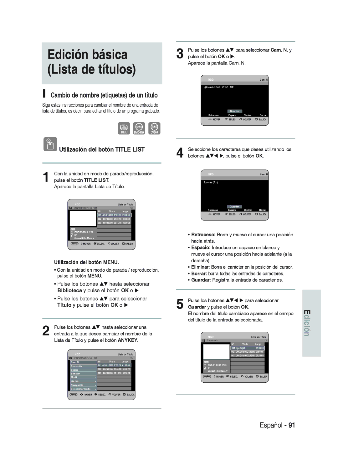 Samsung DVD-HR733/XEU, DVD-HR738/XEG, DVD-HR733/XEG manual Cambio de nombre etiquetas de un título, Botones Pulse el botón OK 