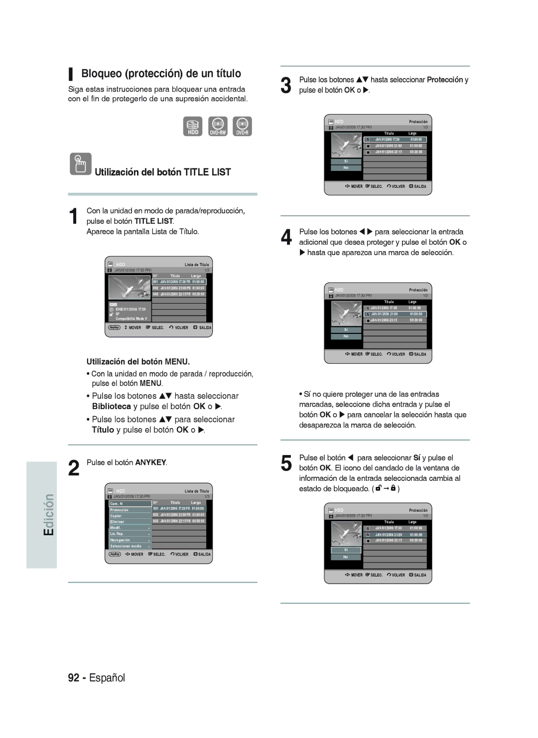 Samsung DVD-HR738/XEN, DVD-HR738/XEG manual Bloqueo protección de un título, Hasta que aparezca una marca de selección 