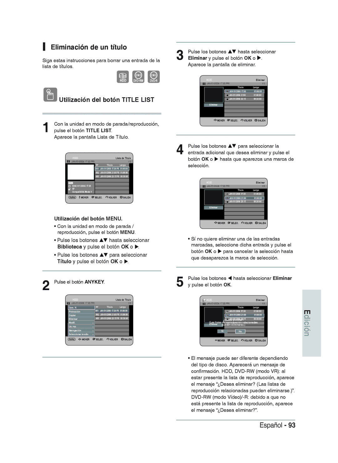 Samsung DVD-HR733/XEH, DVD-HR738/XEG, DVD-HR733/XEG, DVD-HR733/EUR, DVD-HR738/XEB manual Eliminación de un título, Edición 
