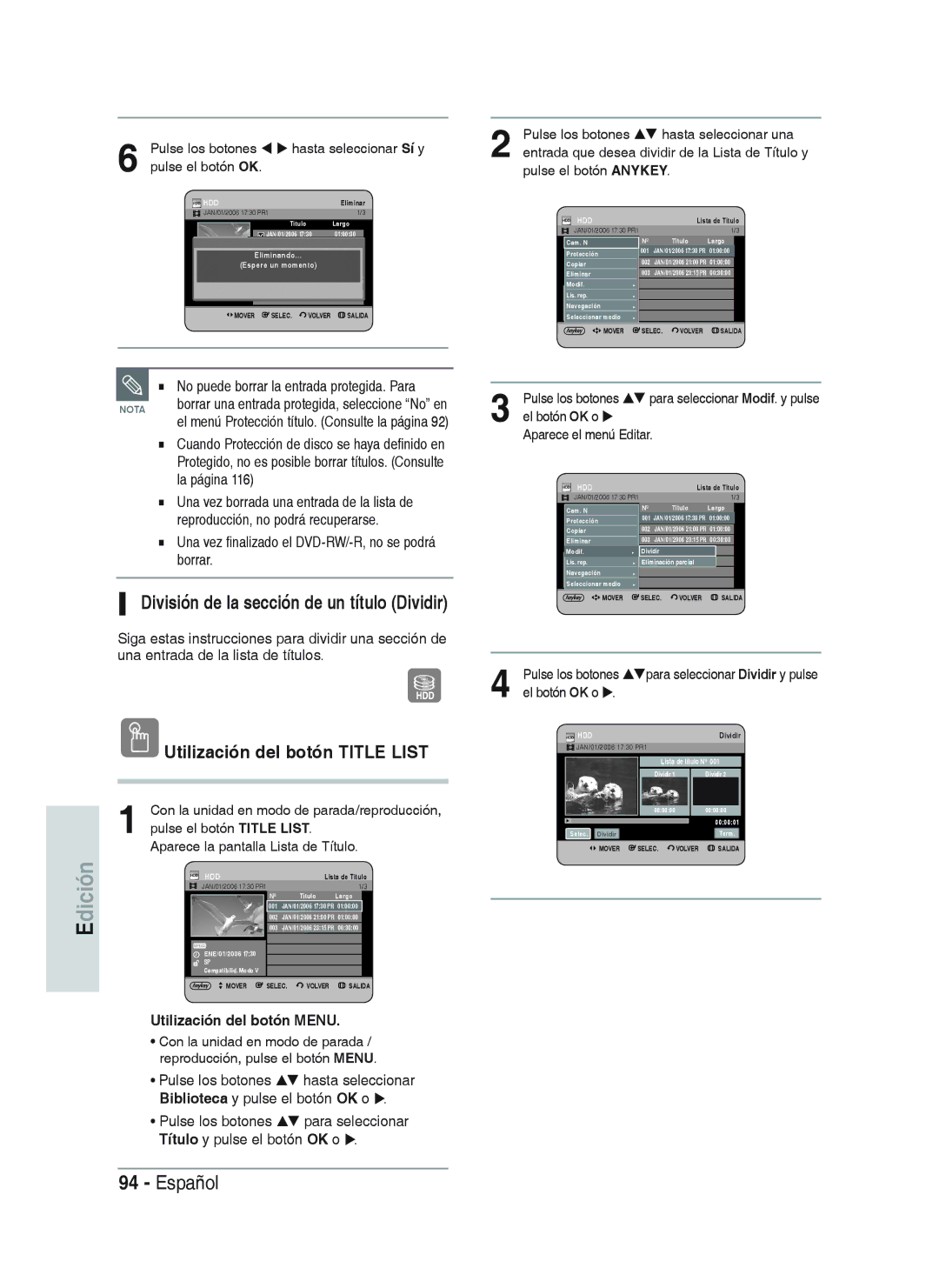 Samsung DVD-HR738/XEE División de la sección de un título Dividir, Una vez finalizado el DVD-RW/-R, no se podrá borrar 