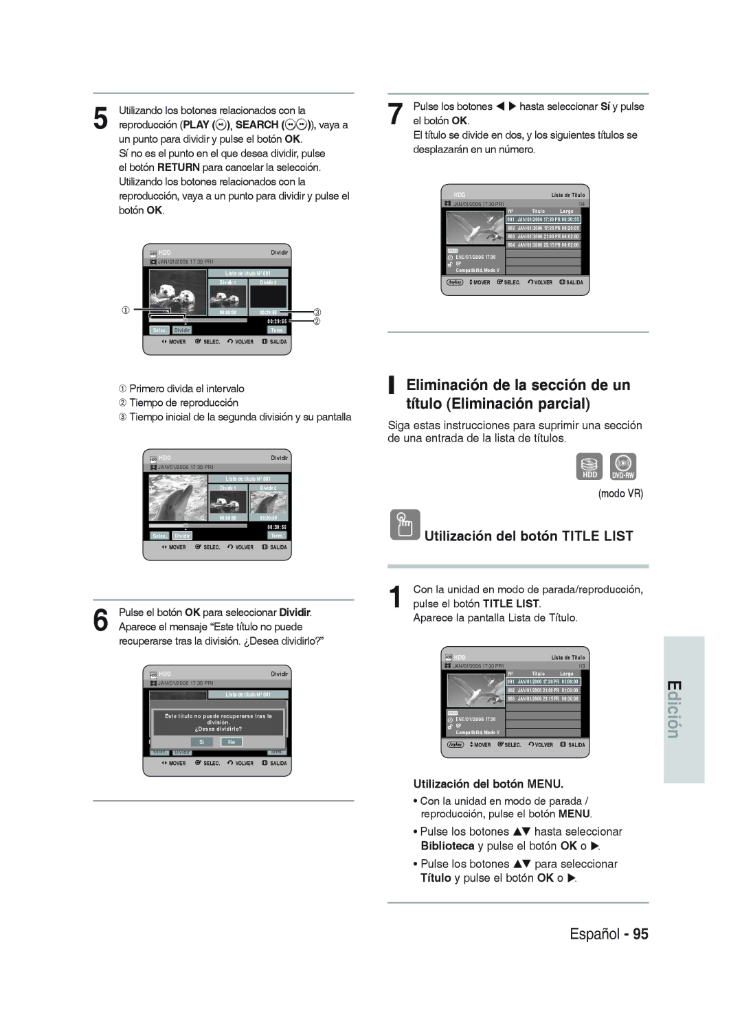 Samsung DVD-HR733/XEC manual Eliminación de la sección de un título Eliminación parcial, Título y pulse el botón OK o 