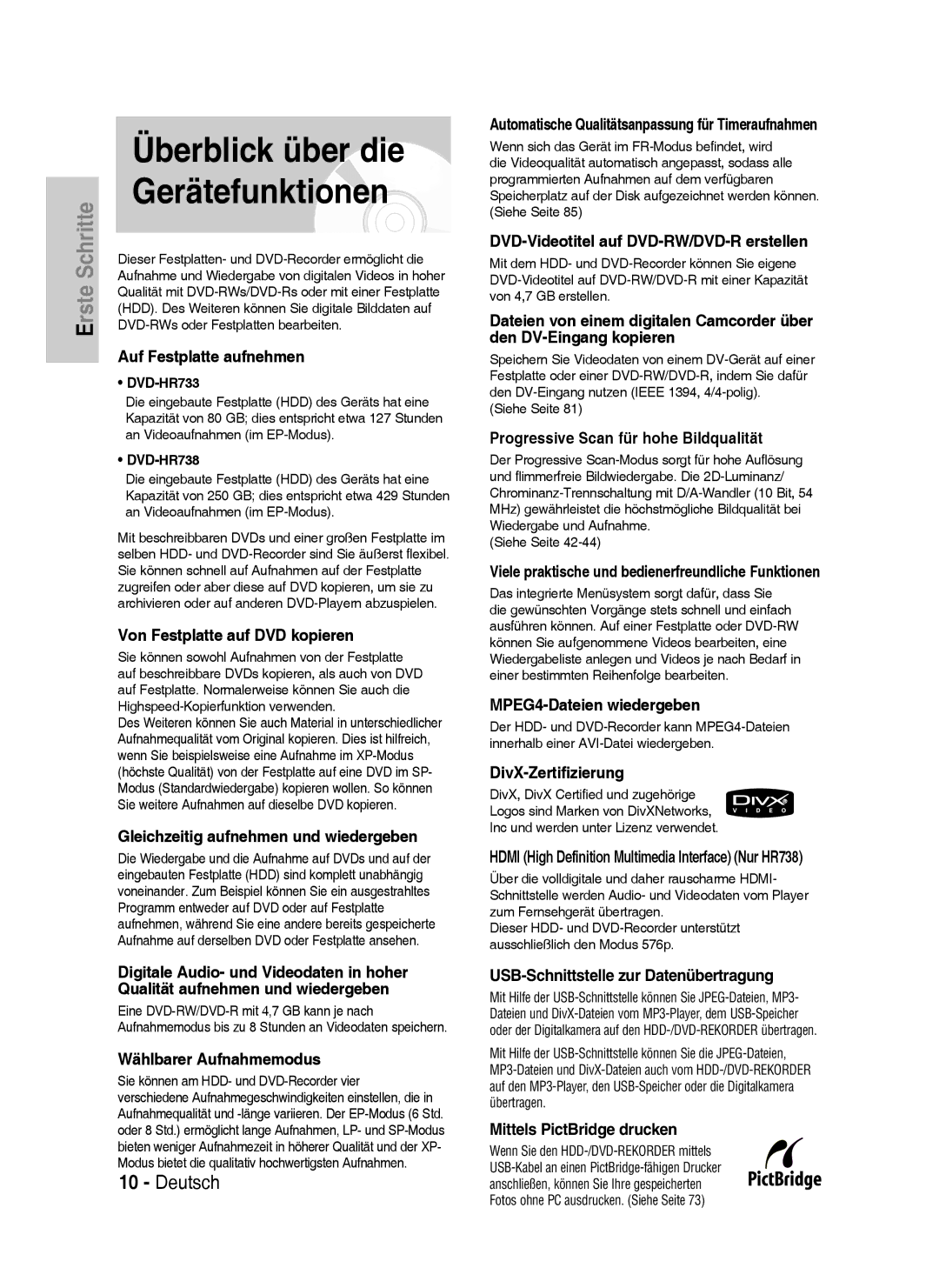 Samsung DVD-HR733/EUR, DVD-HR738/XEG, DVD-HR733/XEG, DVD-HR738/XEB manual Überblick über die Gerätefunktionen 