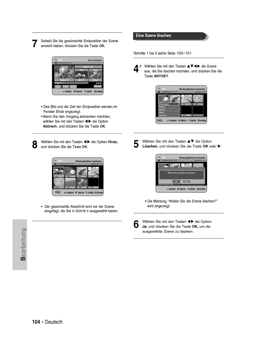 Samsung DVD-HR738/XEG, DVD-HR733/XEG, DVD-HR733/EUR, DVD-HR738/XEB manual Eine Szene löschen 