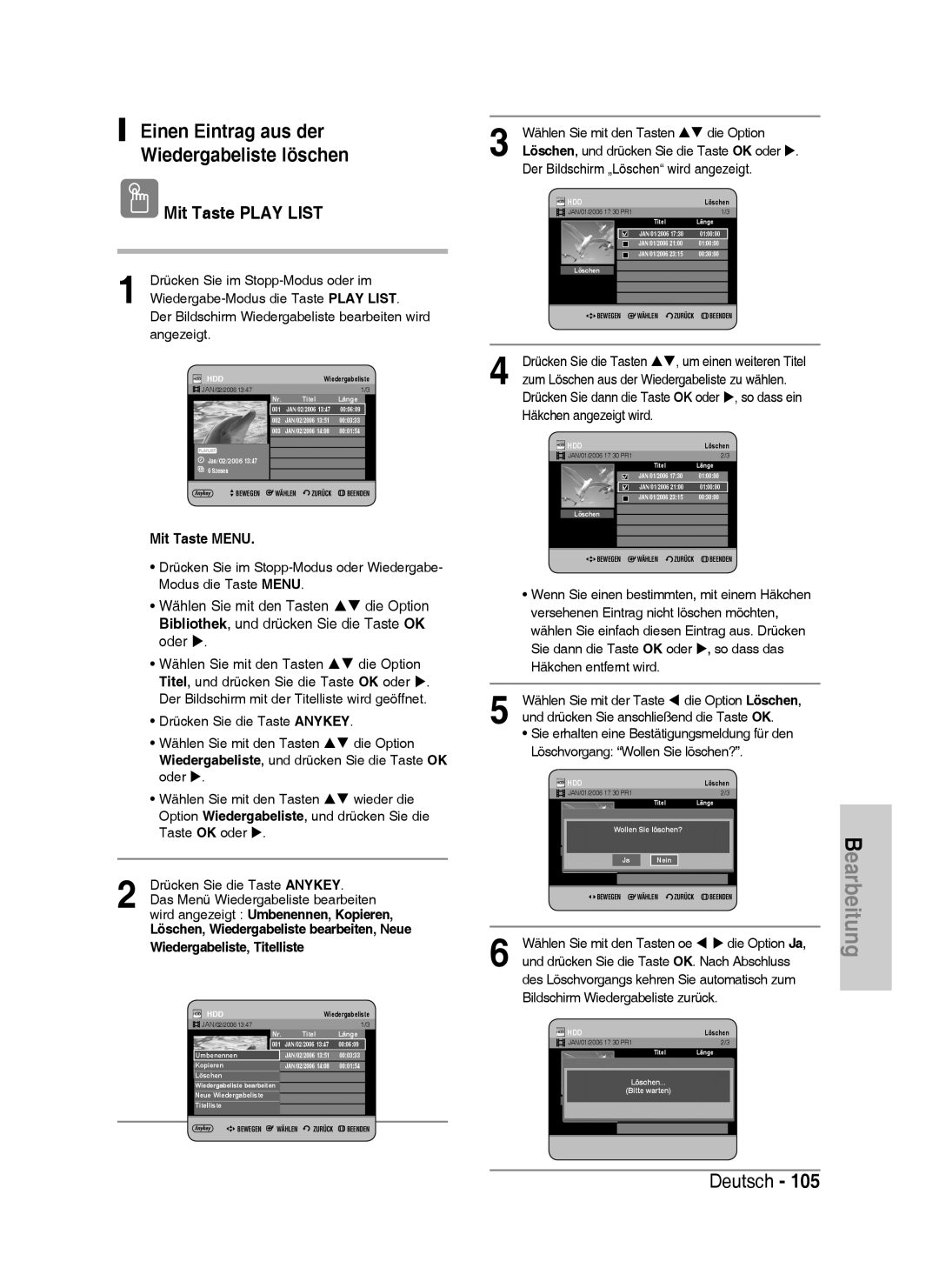 Samsung DVD-HR733/XEG, DVD-HR738/XEG, DVD-HR733/EUR manual Einen Eintrag aus der Wiedergabeliste löschen, Mit Taste Play List 