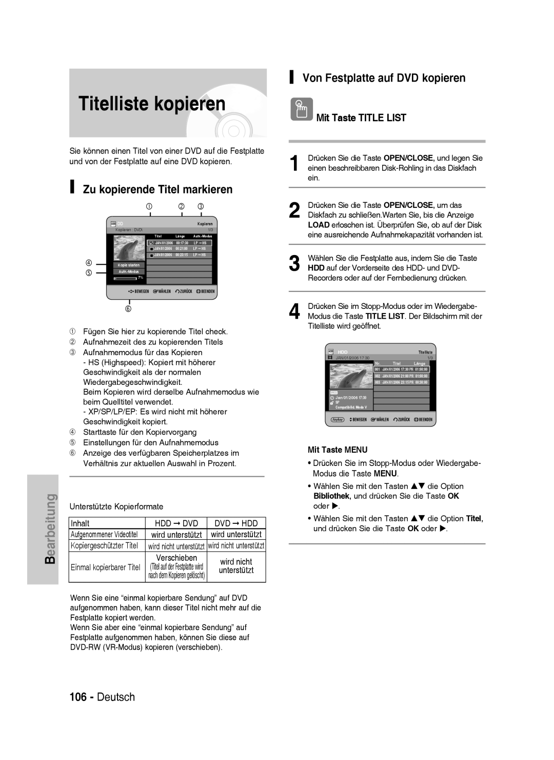 Samsung DVD-HR733/EUR, DVD-HR738/XEG, DVD-HR733/XEG manual Von Festplatte auf DVD kopieren, Unterstützte Kopierformate Inhalt 