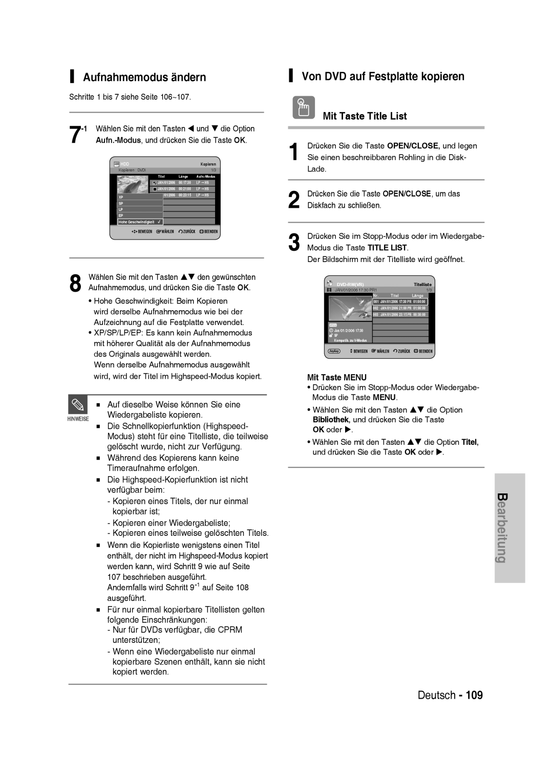 Samsung DVD-HR733/XEG, DVD-HR738/XEG, DVD-HR733/EUR, DVD-HR738/XEB Aufnahmemodus ändern, Von DVD auf Festplatte kopieren 