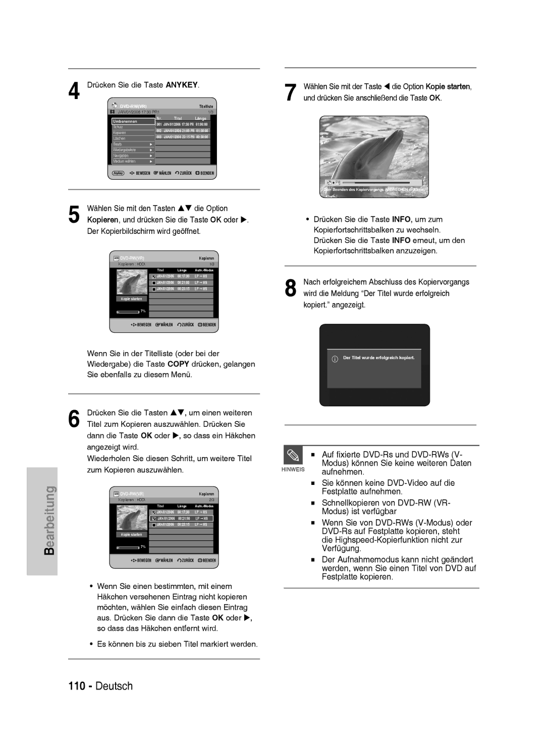 Samsung DVD-HR733/EUR, DVD-HR738/XEG, DVD-HR733/XEG manual Drücken Sie die Taste Anykey, Der Kopierbildschirm wird geöffnet 