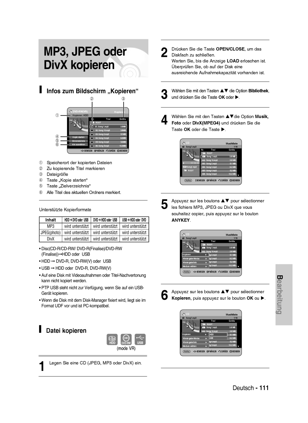 Samsung DVD-HR738/XEB, DVD-HR738/XEG, DVD-HR733/XEG, DVD-HR733/EUR manual Datei kopieren, Unterstützte Kopierformate, Mode VR 