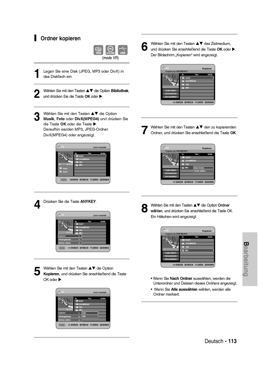 Samsung DVD-HR733/XEG, DVD-HR738/XEG manual Ordner kopieren, Legen Sie eine Disk JPEG, MP3 oder DivX in das Diskfach ein 