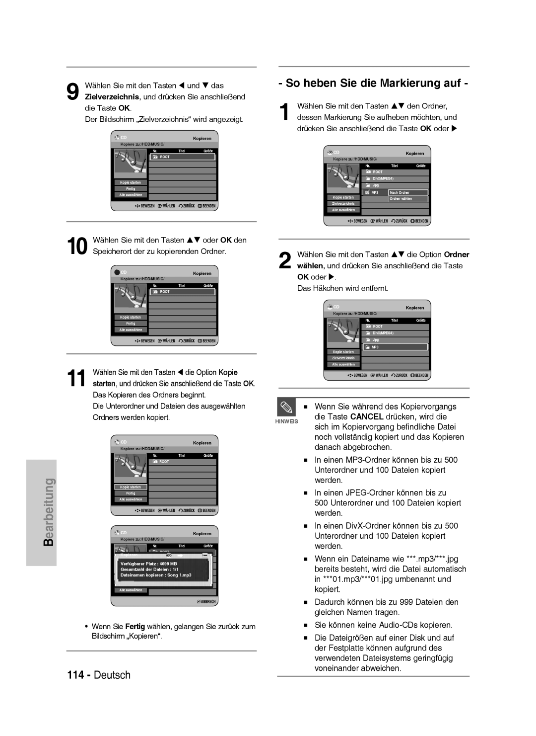 Samsung DVD-HR733/EUR, DVD-HR738/XEG, DVD-HR733/XEG, DVD-HR738/XEB manual So heben Sie die Markierung auf 