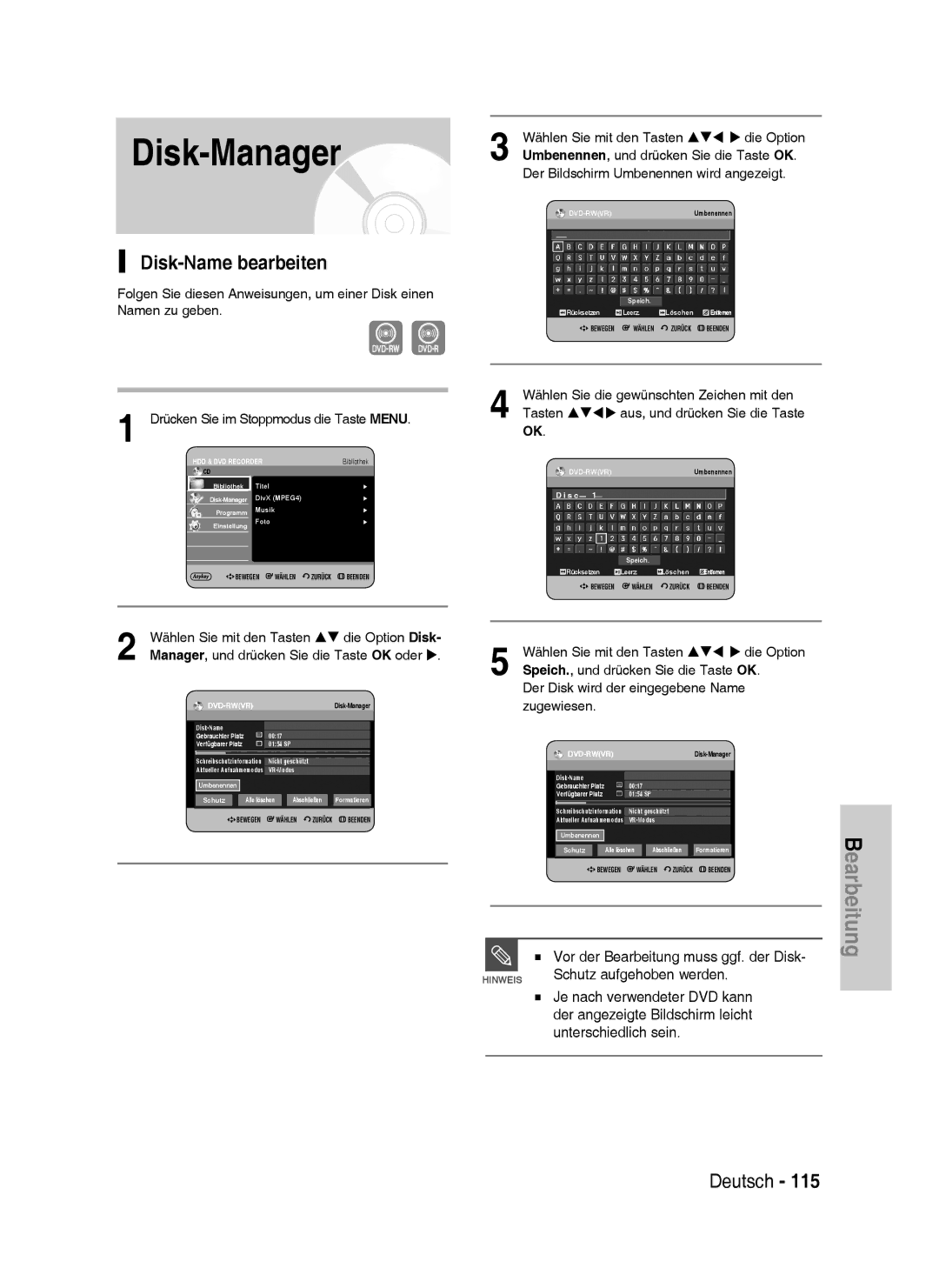 Samsung DVD-HR738/XEB, DVD-HR738/XEG, DVD-HR733/XEG manual Disk-Name bearbeiten, Manager, und drücken Sie die Taste OK oder 