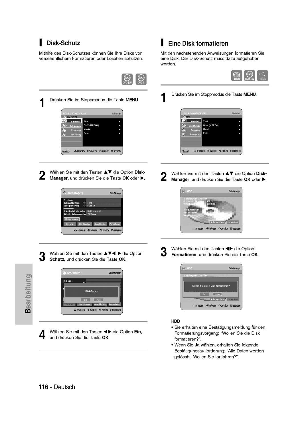 Samsung DVD-HR738/XEG, DVD-HR733/XEG, DVD-HR733/EUR, DVD-HR738/XEB manual Disk-Schutz, Eine Disk formatieren, Hdd 