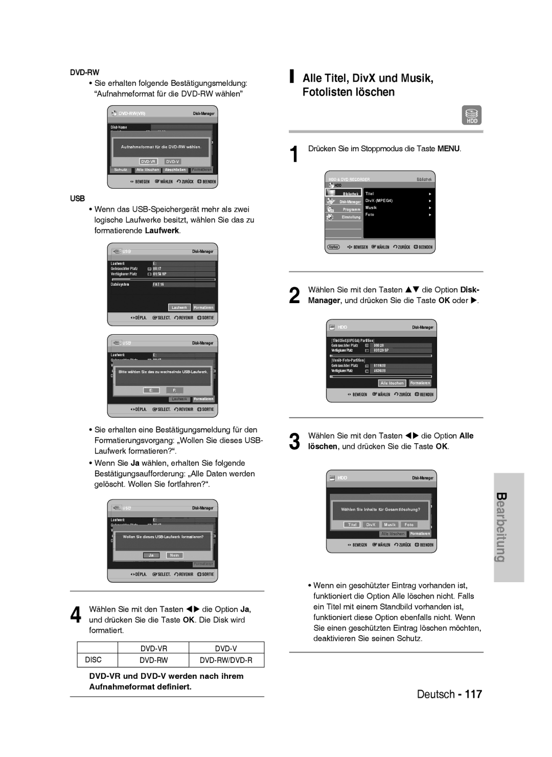 Samsung DVD-HR733/XEG, DVD-HR738/XEG, DVD-HR733/EUR manual Alle Titel, DivX und Musik Fotolisten löschen, Dvd-Rw, Usb 