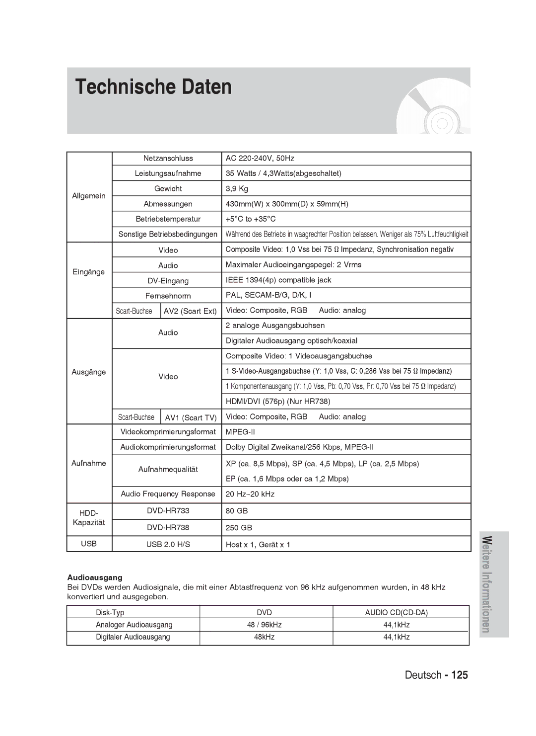 Samsung DVD-HR733/XEG, DVD-HR738/XEG, DVD-HR733/EUR, DVD-HR738/XEB manual Audioausgang 