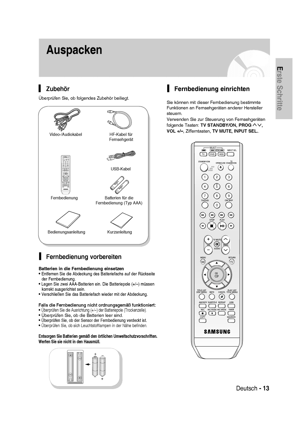 Samsung DVD-HR733/XEG, DVD-HR738/XEG, DVD-HR733/EUR manual Zubehör, Fernbedienung vorbereiten, Fernbedienung einrichten 