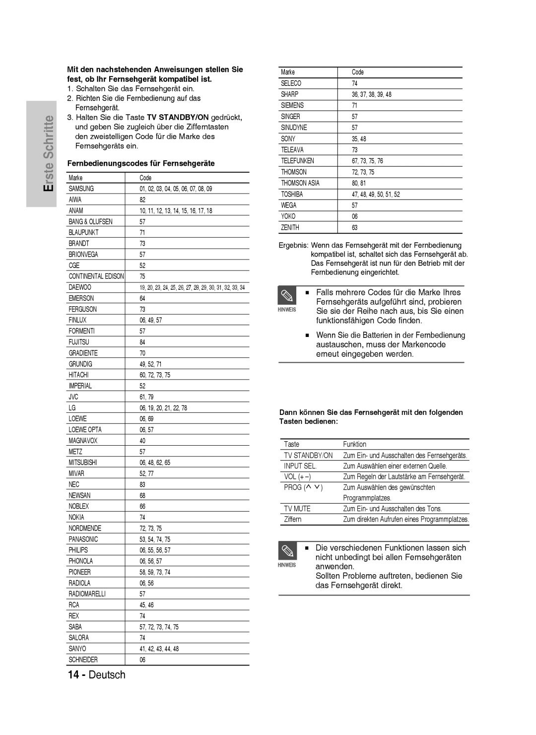 Samsung DVD-HR733/EUR, DVD-HR738/XEG manual Anwenden, Das Fernsehgerät direkt, Fernbedienungscodes für Fernsehgeräte 