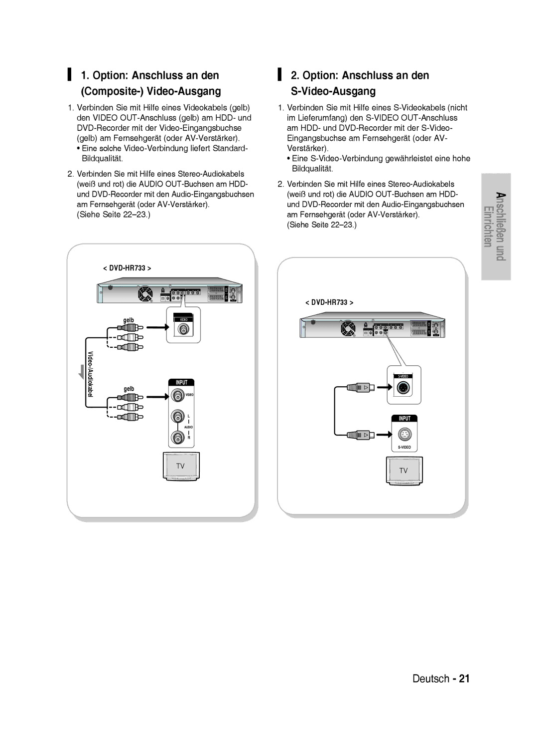 Samsung DVD-HR733/XEG manual Option Anschluss an den S-Video-Ausgang, Option Anschluss an den Composite- Video-Ausgang 