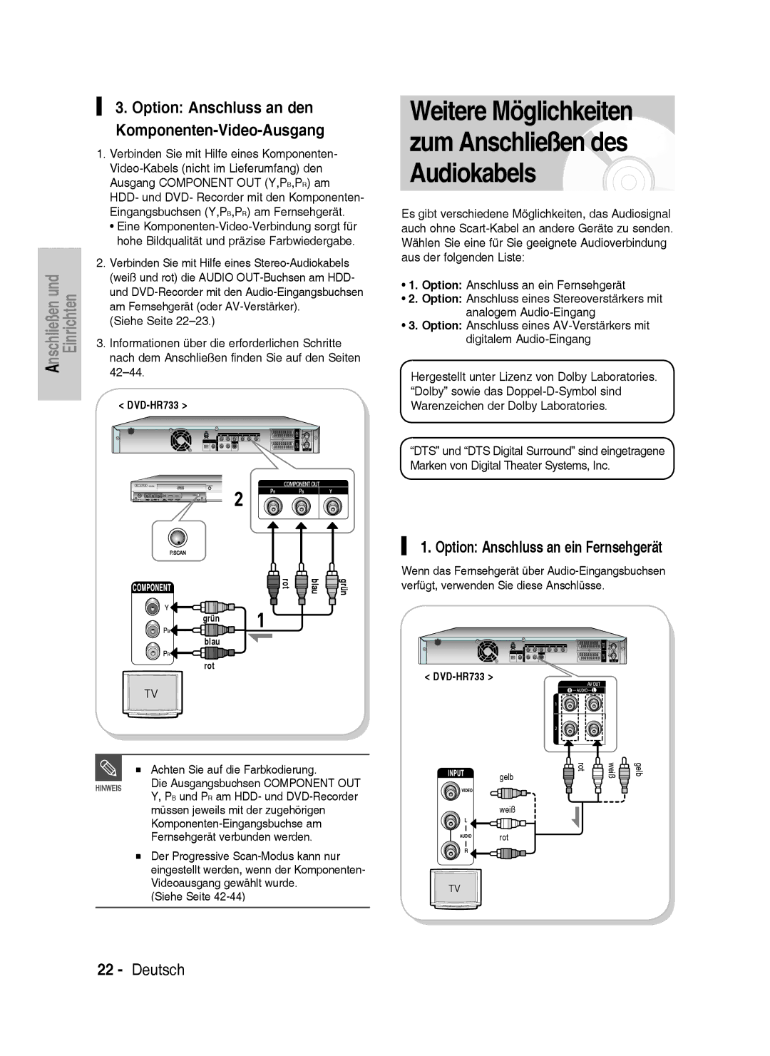 Samsung DVD-HR733/EUR manual Weitere Möglichkeiten zum Anschließen des Audiokabels, Option Anschluss an ein Fernsehgerät 