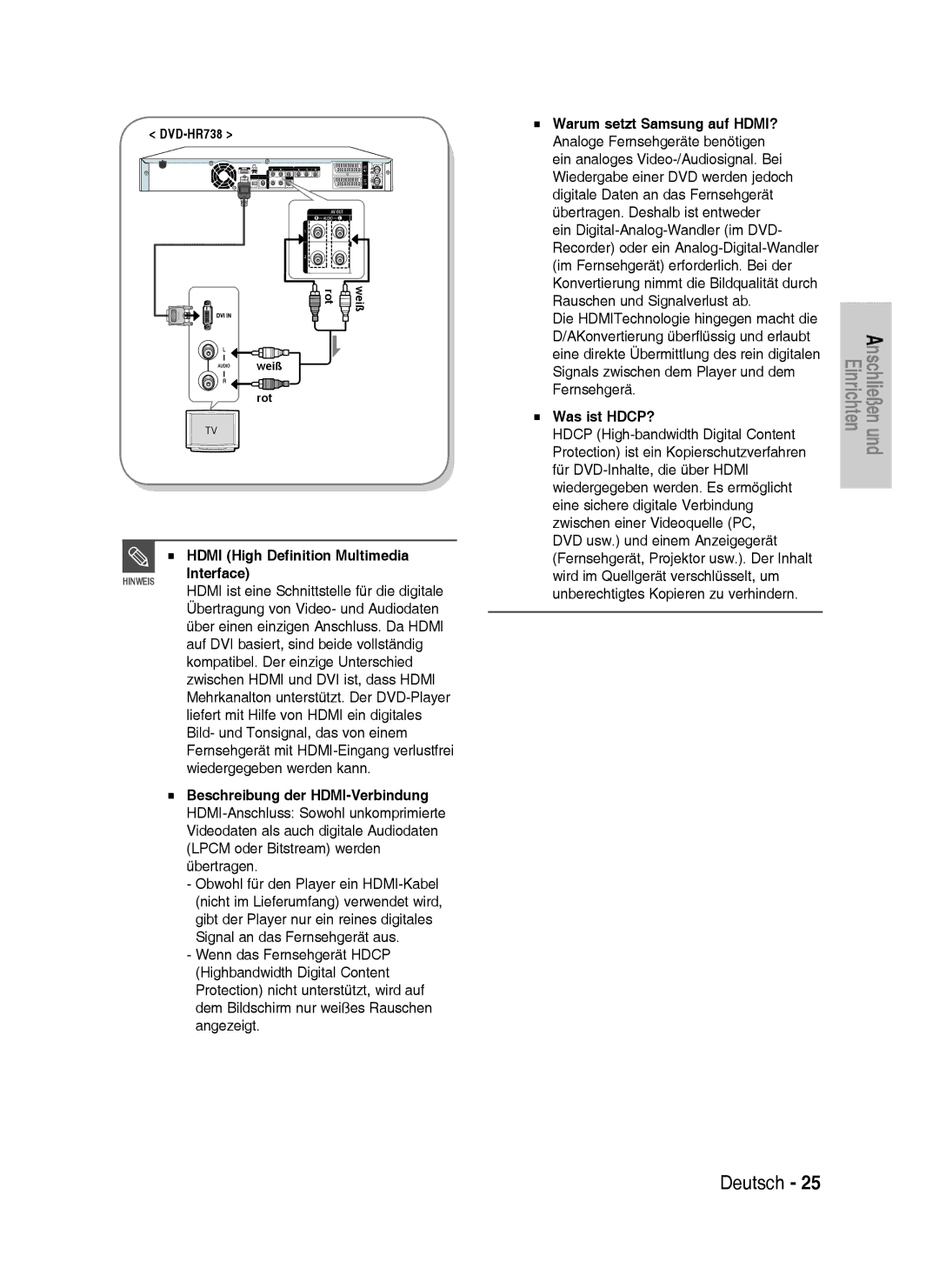 Samsung DVD-HR733/XEG, DVD-HR738/XEG, DVD-HR733/EUR, DVD-HR738/XEB manual Hdmi High Definition Multimedia Hinweis Interface 