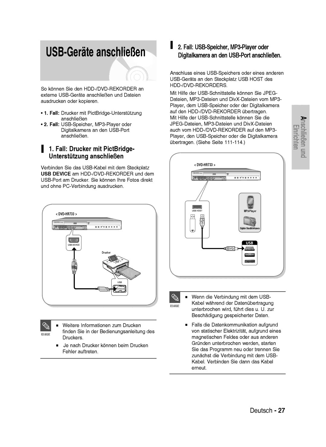 Samsung DVD-HR738/XEB, DVD-HR738/XEG manual USB-Geräte anschließen, Fall Drucker mit PictBridge- Unterstützung anschließen 