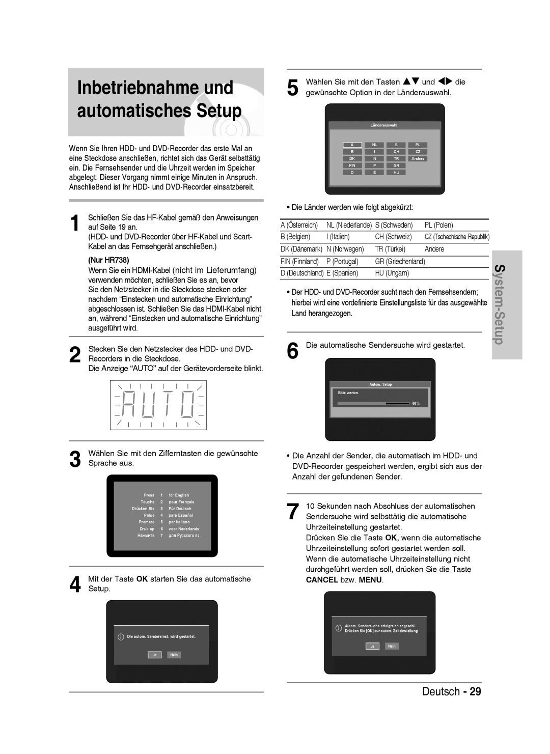 Samsung DVD-HR733/XEG, DVD-HR738/XEG, DVD-HR733/EUR, DVD-HR738/XEB manual Inbetriebnahme und automatisches Setup 