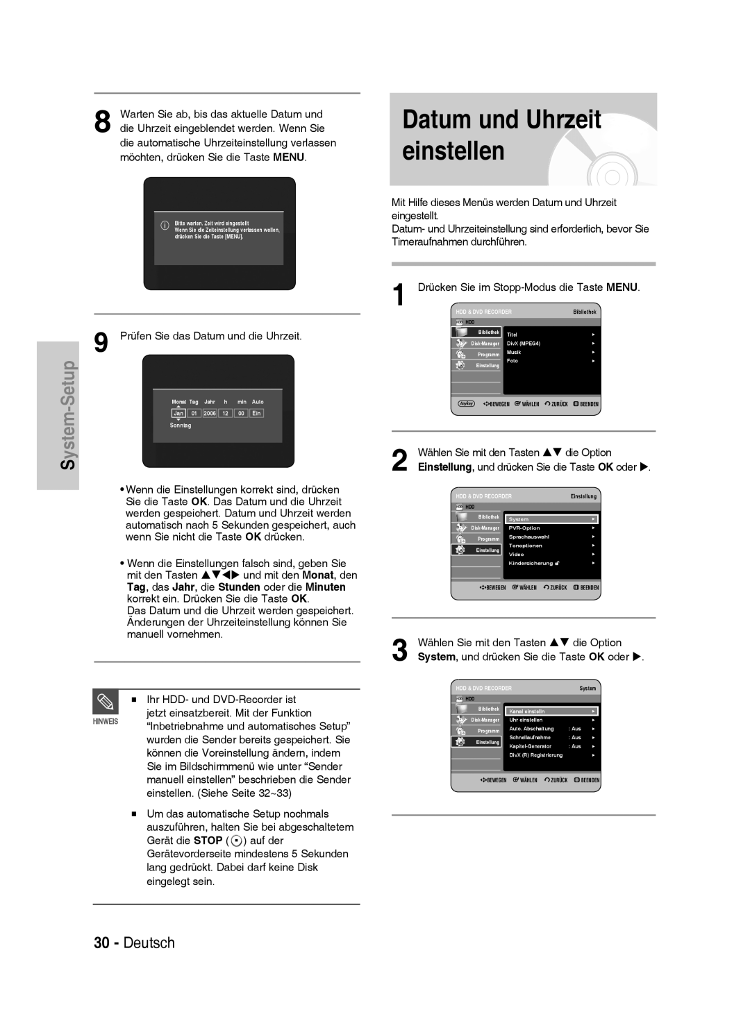 Samsung DVD-HR733/EUR, DVD-HR738/XEG, DVD-HR733/XEG Datum und Uhrzeit einstellen, Wählen Sie mit den Tasten ST die Option 