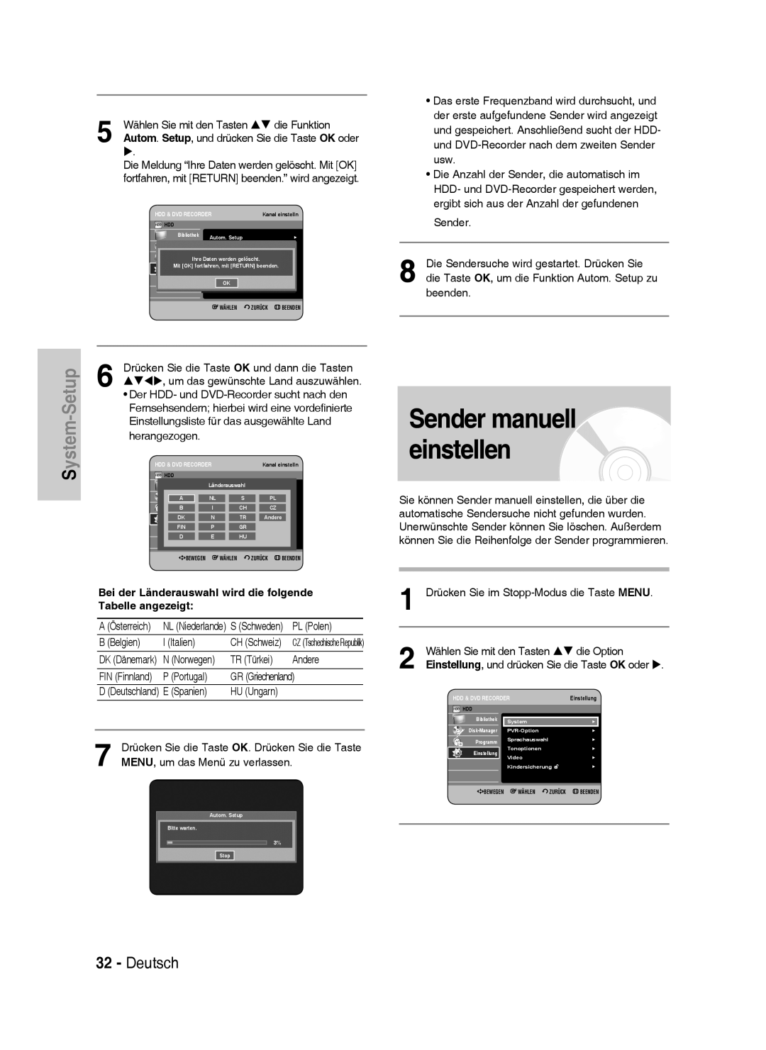 Samsung DVD-HR738/XEG, DVD-HR733/XEG Sender manuell einstellen, Bei der Länderauswahl wird die folgende, Tabelle angezeigt 