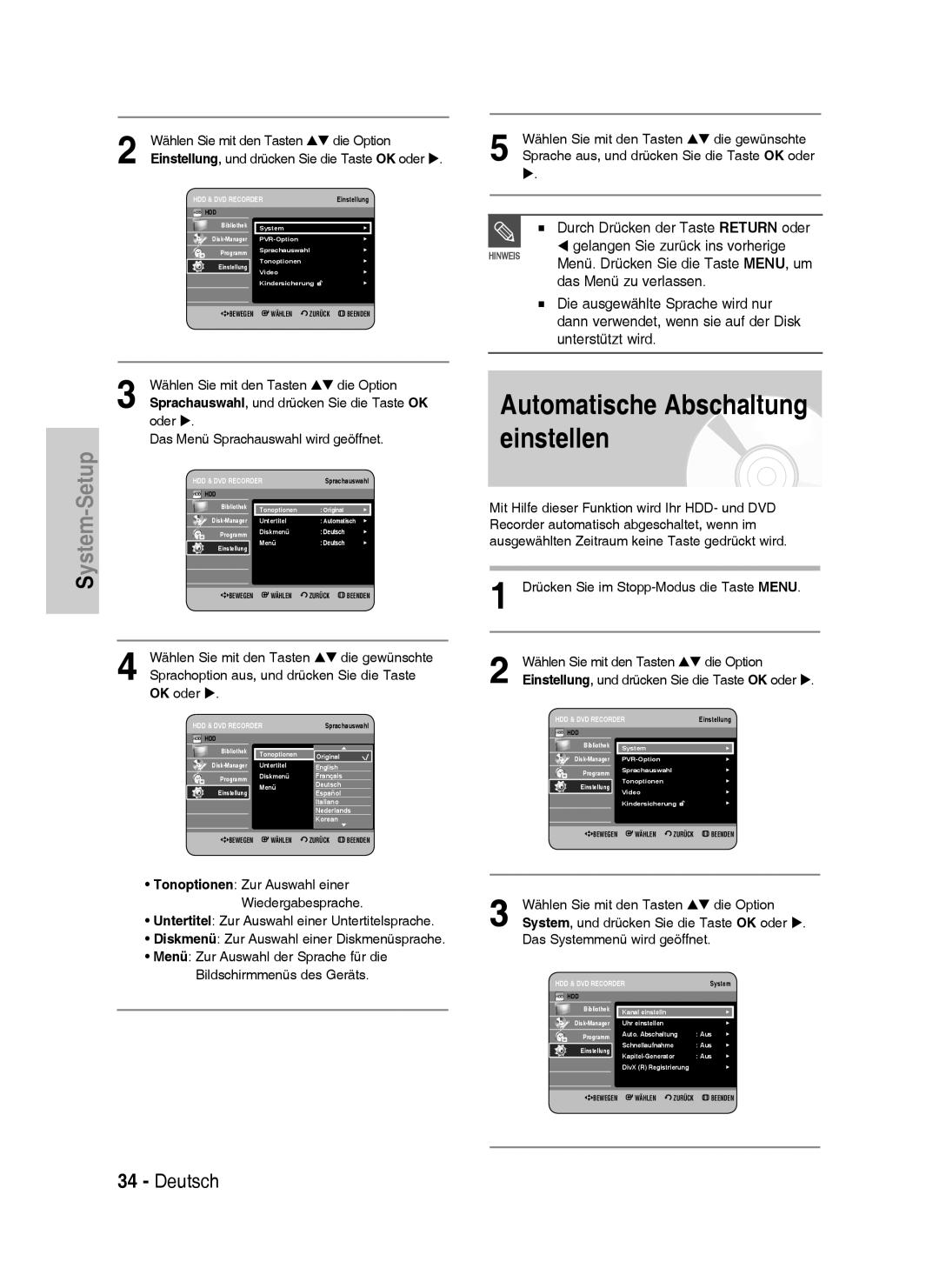 Samsung DVD-HR733/EUR manual Durch Drücken der Taste Return oder, Gelangen Sie zurück ins vorherige, Das Menü zu verlassen 