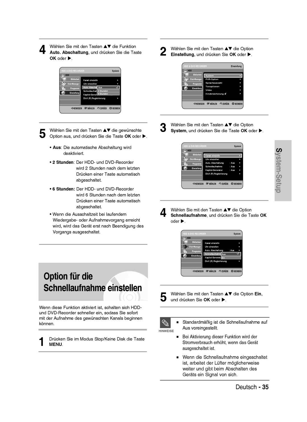 Samsung DVD-HR738/XEB, DVD-HR738/XEG, DVD-HR733/XEG manual Aus voreingestellt, Menu, Einstellung, und drücken Sie OK oder 