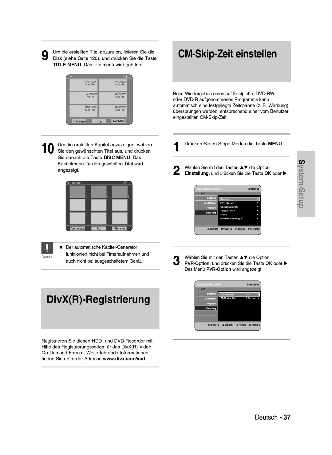 Samsung DVD-HR733/XEG, DVD-HR738/XEG manual CM-Skip-Zeit einstellen, Um die erstellten Titel abzurufen, fixieren Sie die 