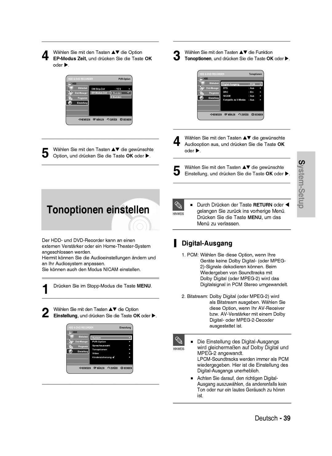 Samsung DVD-HR738/XEB, DVD-HR738/XEG manual Tonoptionen einstellen, Digital-Ausgang, Wählen Sie mit den Tasten Die Option 