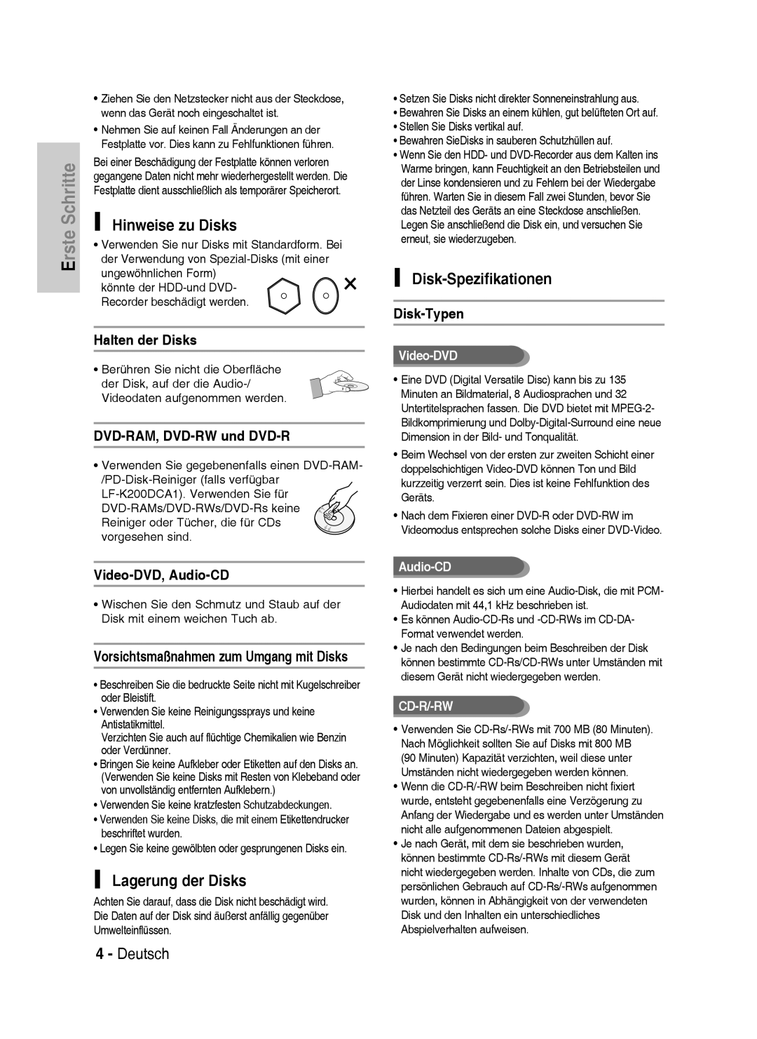 Samsung DVD-HR738/XEG, DVD-HR733/XEG, DVD-HR733/EUR manual Hinweise zu Disks, Lagerung der Disks, Disk-Spezifikationen 