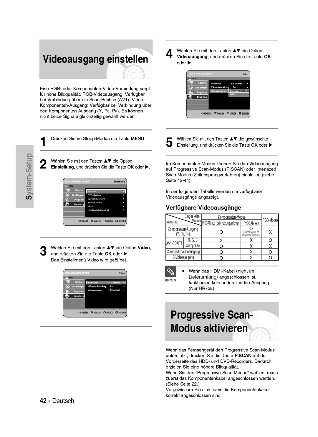 Samsung DVD-HR733/EUR manual Videoausgang einstellen, Verfügbare Videoausgänge, Drücken Sie im Stopp-Modus die Taste Menu 