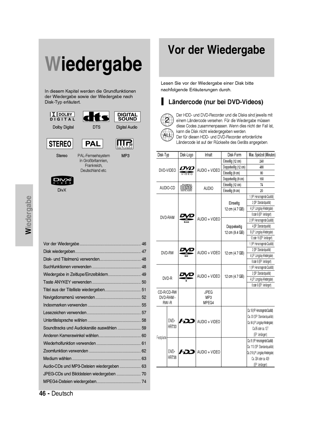 Samsung DVD-HR733/EUR, DVD-HR738/XEG, DVD-HR733/XEG, DVD-HR738/XEB manual Ländercode nur bei DVD-Videos, Disk-Typ 