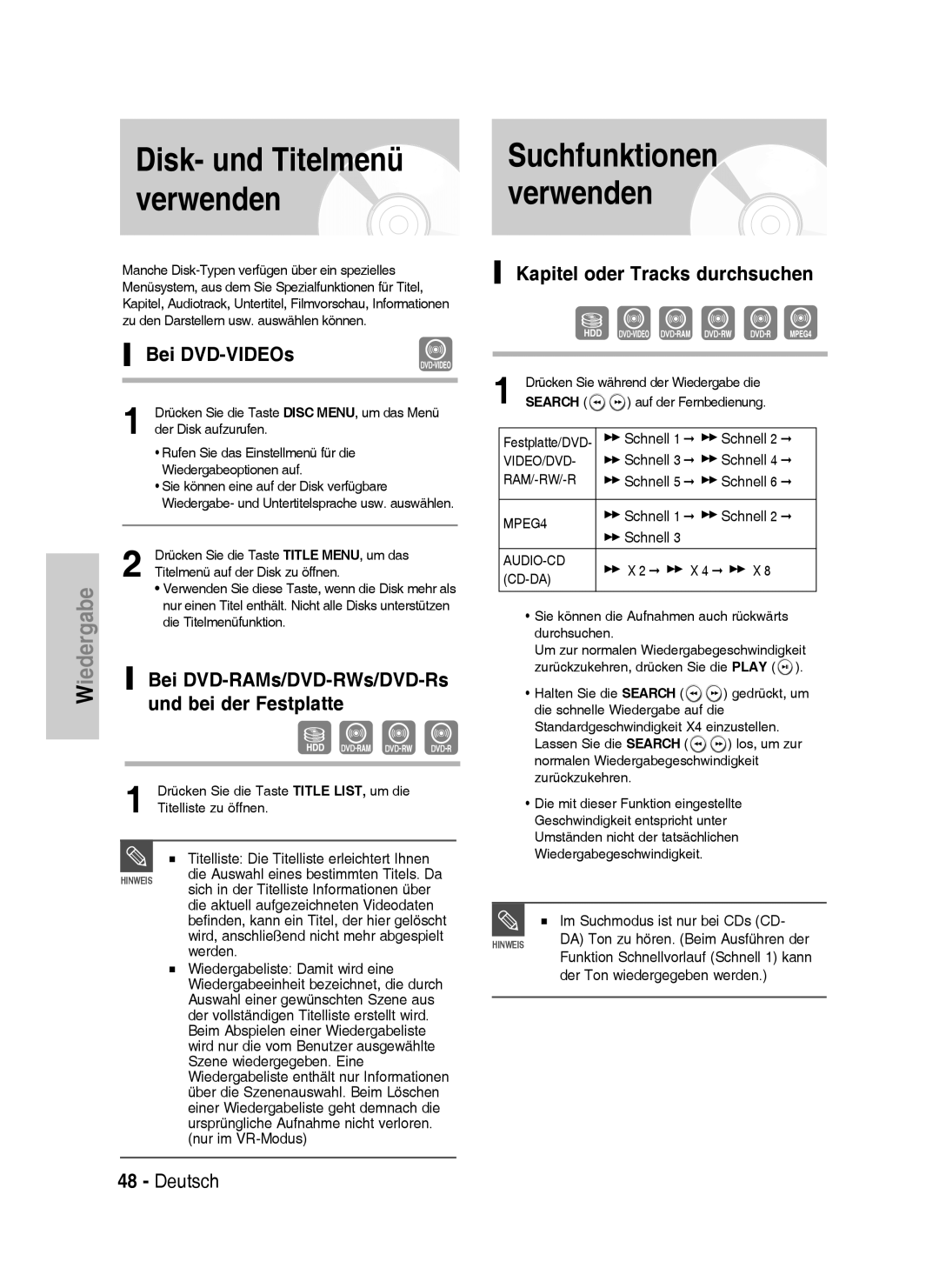 Samsung DVD-HR738/XEG Disk- und Titelmenü verwenden, Suchfunktionen verwenden, Bei DVD-VIDEOs, Und bei der Festplatte 