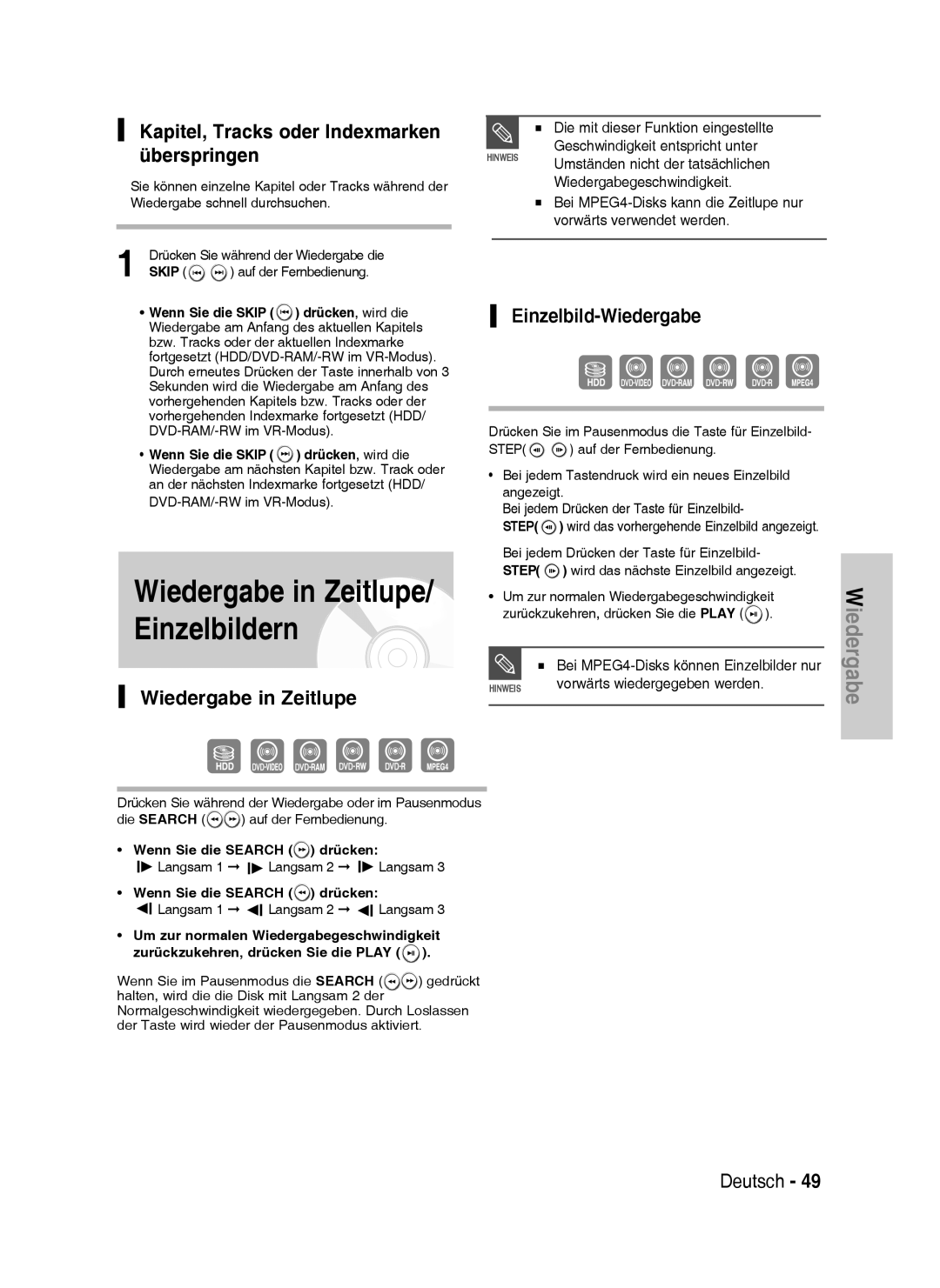 Samsung DVD-HR733/XEG, DVD-HR738/XEG manual Wiedergabe in Zeitlupe/ Einzelbildern, Überspringen, Einzelbild-Wiedergabe 