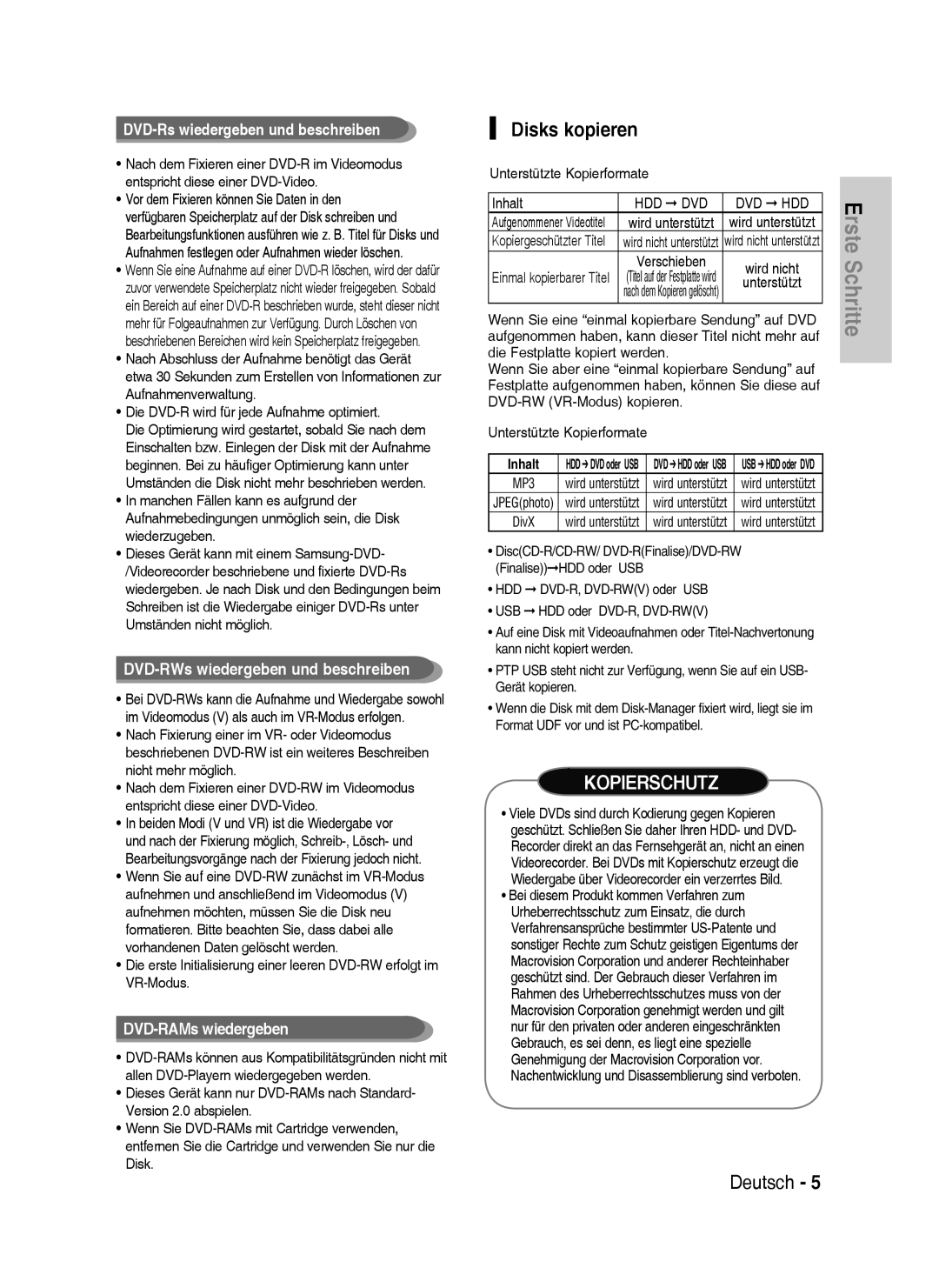 Samsung DVD-HR733/XEG, DVD-HR738/XEG manual Disks kopieren, Inhalt, DVD-RW VR-Modus kopieren, Unterstützte Kopierformate 