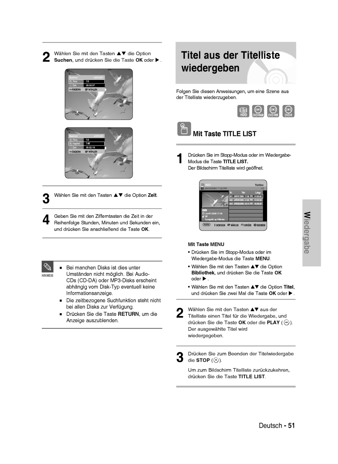 Samsung DVD-HR738/XEB manual Titel aus der Titelliste wiedergeben, Mit Taste Title List, Bei manchen Disks ist dies unter 