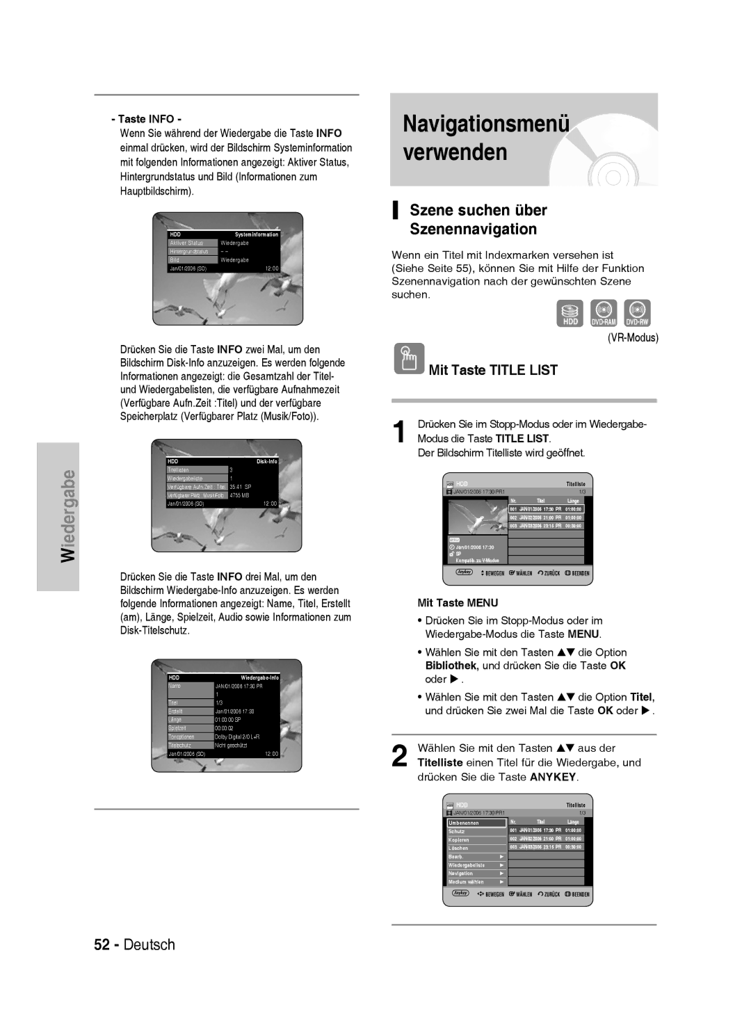 Samsung DVD-HR738/XEG, DVD-HR733/XEG, DVD-HR733/EUR manual Szene suchen über Szenennavigation, Mit Taste Title List, VR-Modus 