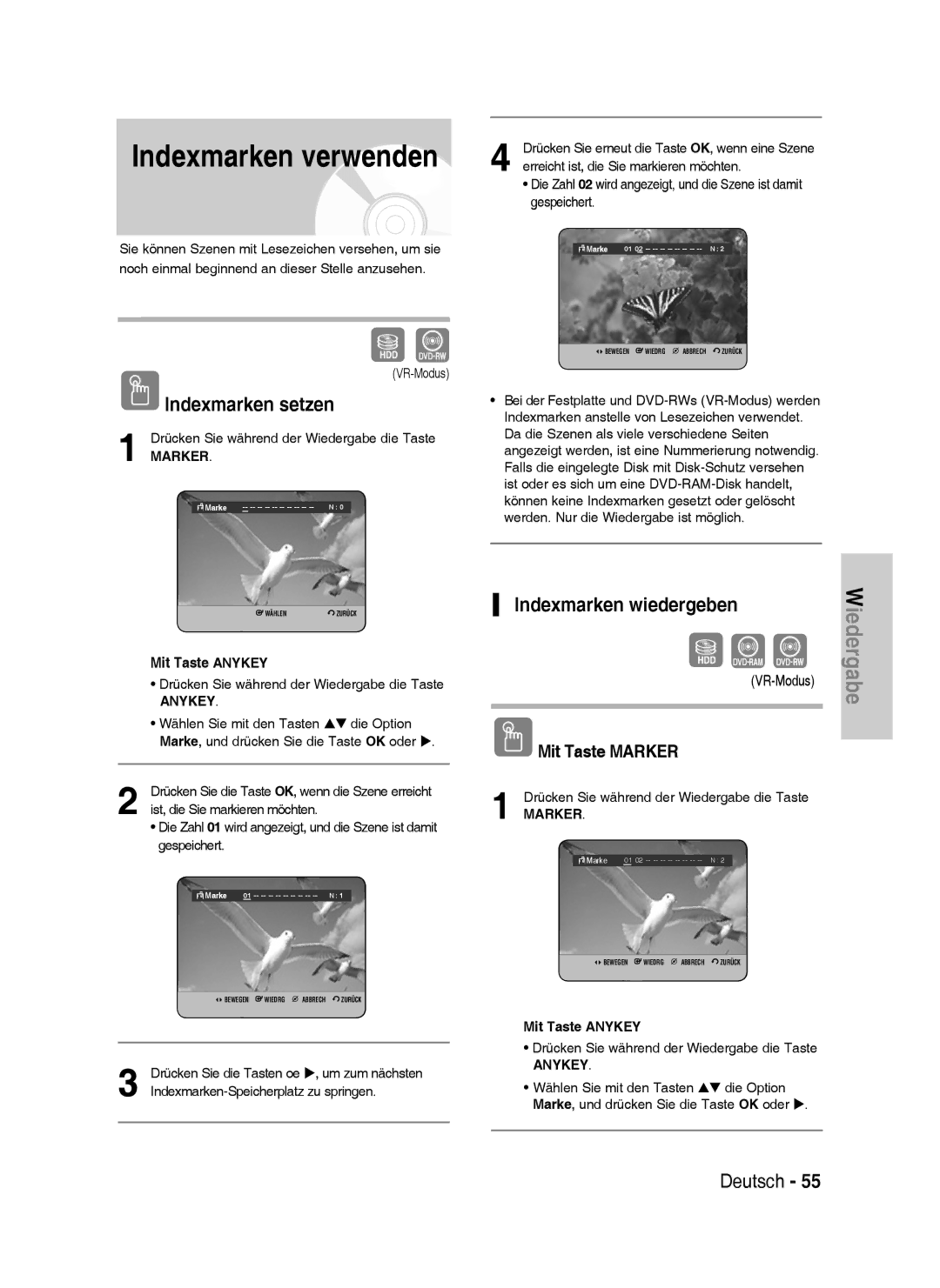 Samsung DVD-HR738/XEB, DVD-HR738/XEG Indexmarken verwenden, Indexmarken setzen, Indexmarken wiedergeben, Mit Taste Marker 