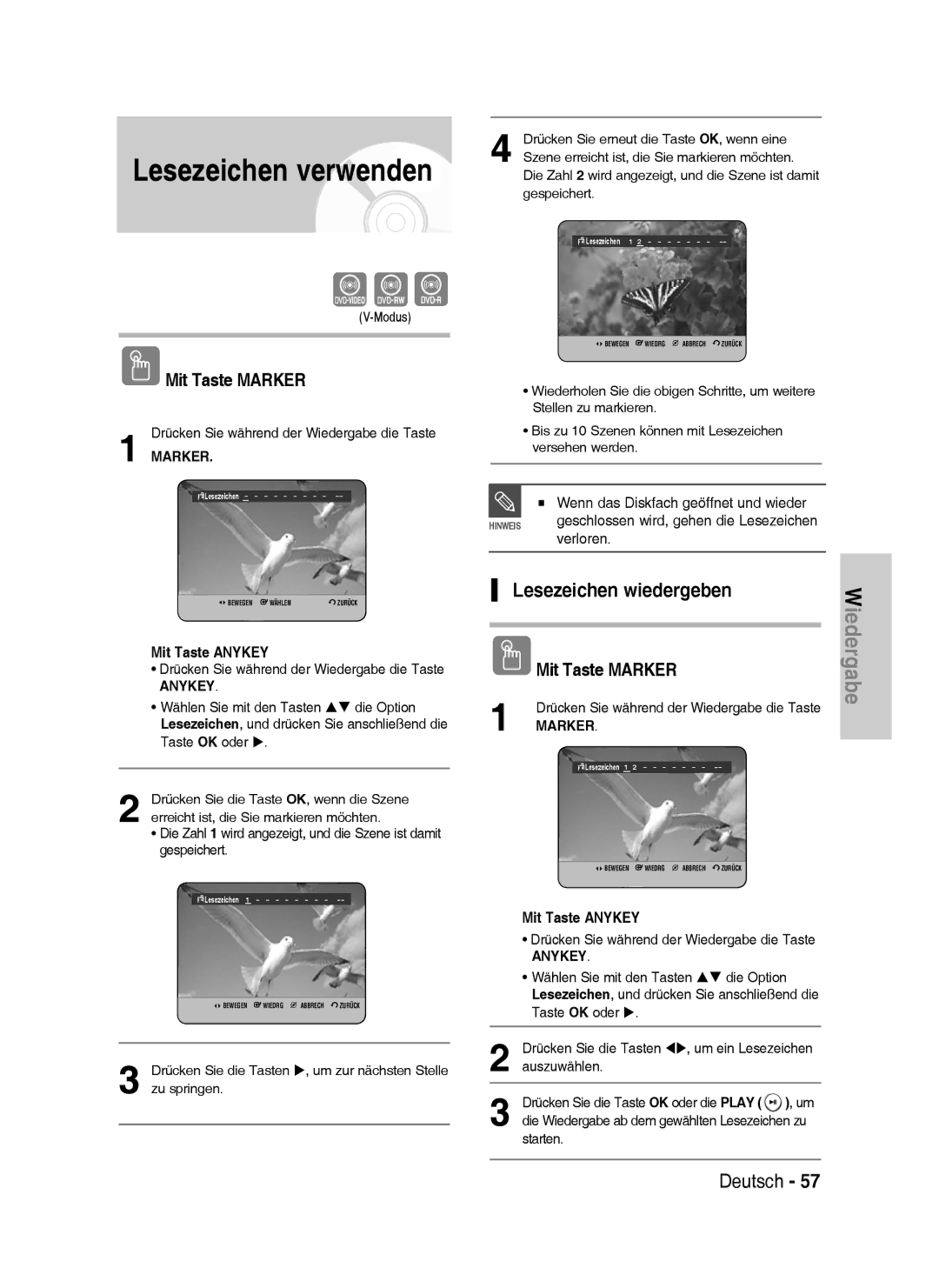 Samsung DVD-HR733/XEG Lesezeichen verwenden, Lesezeichen wiedergeben, Wenn das Diskfach geöffnet und wieder, Verloren 