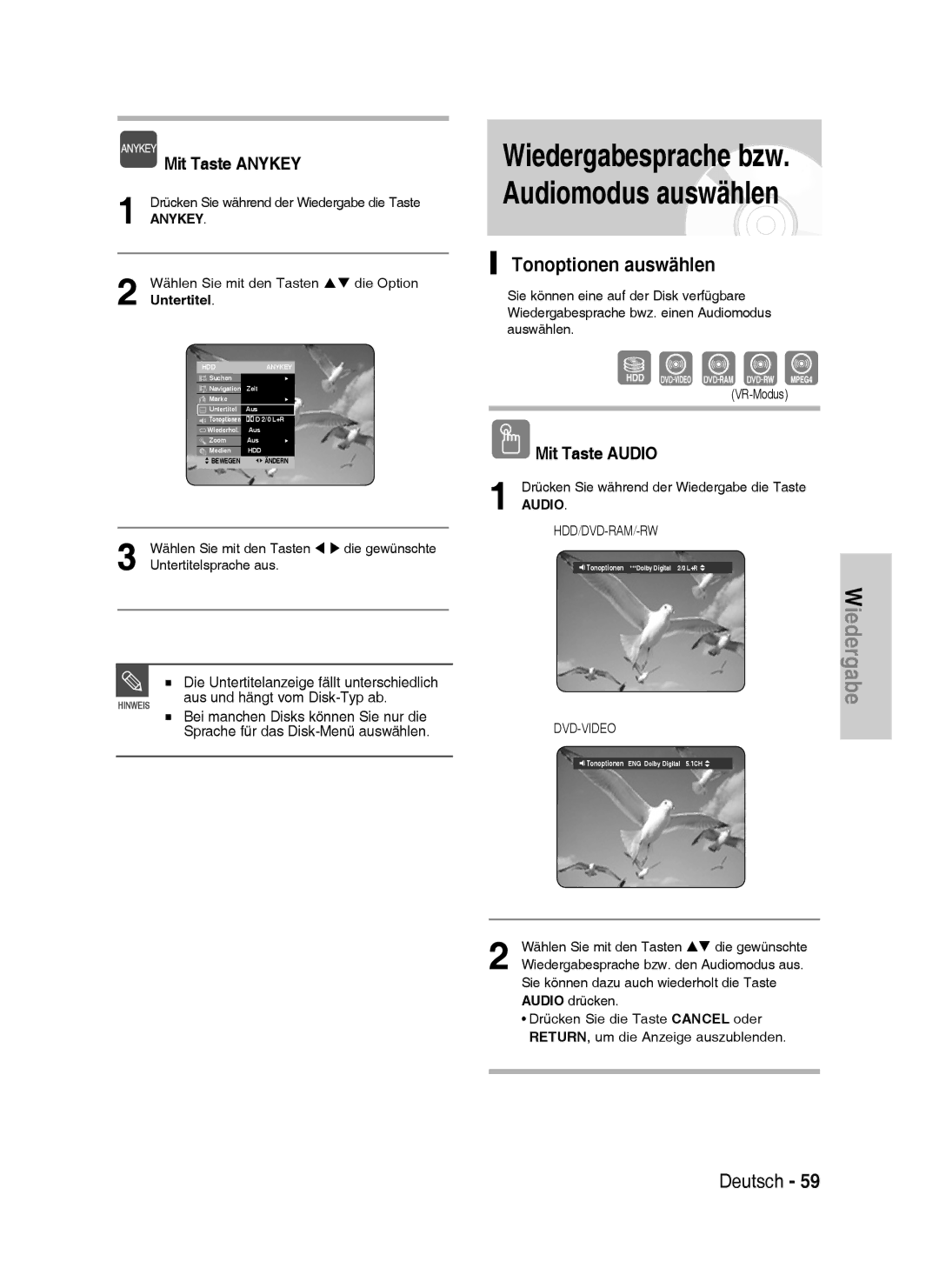 Samsung DVD-HR738/XEB, DVD-HR738/XEG, DVD-HR733/XEG, DVD-HR733/EUR manual Tonoptionen auswählen, Mit Taste Audio, Untertitel 