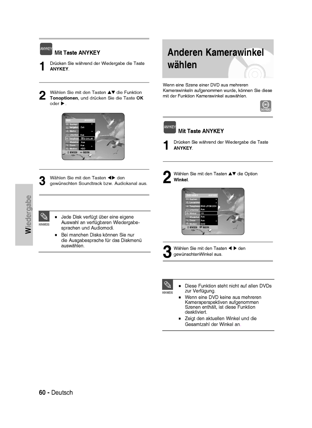 Samsung DVD-HR738/XEG, DVD-HR733/XEG, DVD-HR733/EUR, DVD-HR738/XEB manual Anderen Kamerawinkel wählen 