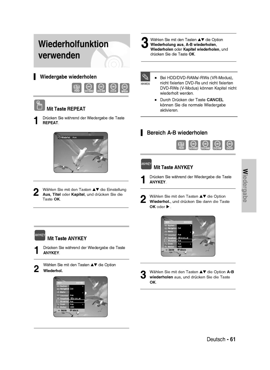 Samsung DVD-HR733/XEG, DVD-HR738/XEG, DVD-HR733/EUR manual Wiedergabe wiederholen, Bereich A-B wiederholen, Mit Taste Repeat 