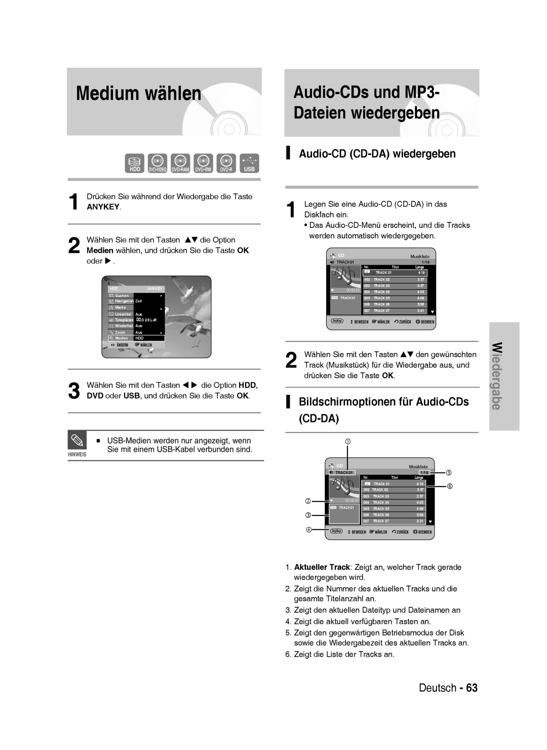 Samsung DVD-HR738/XEB, DVD-HR738/XEG, DVD-HR733/XEG manual Audio-CD CD-DA wiedergeben, Bildschirmoptionen für Audio-CDs CD-DA 