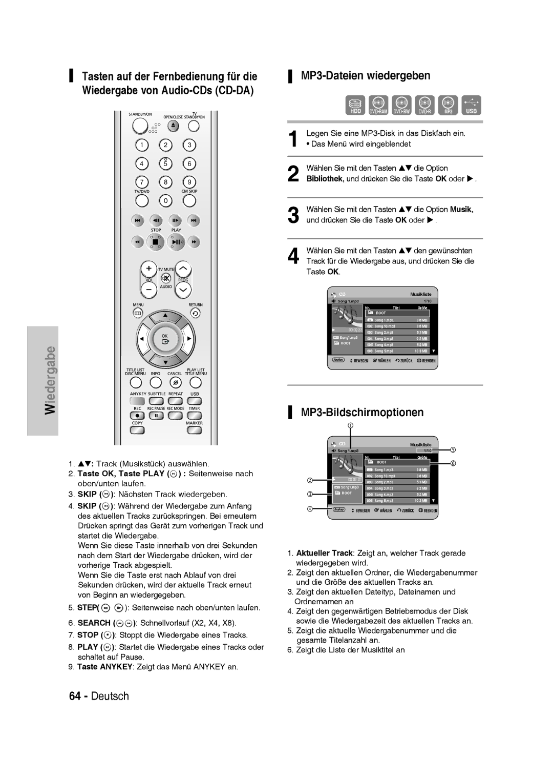 Samsung DVD-HR738/XEG, DVD-HR733/XEG manual MP3-Dateien wiedergeben, MP3-Bildschirmoptionen, Track Musikstück auswählen 