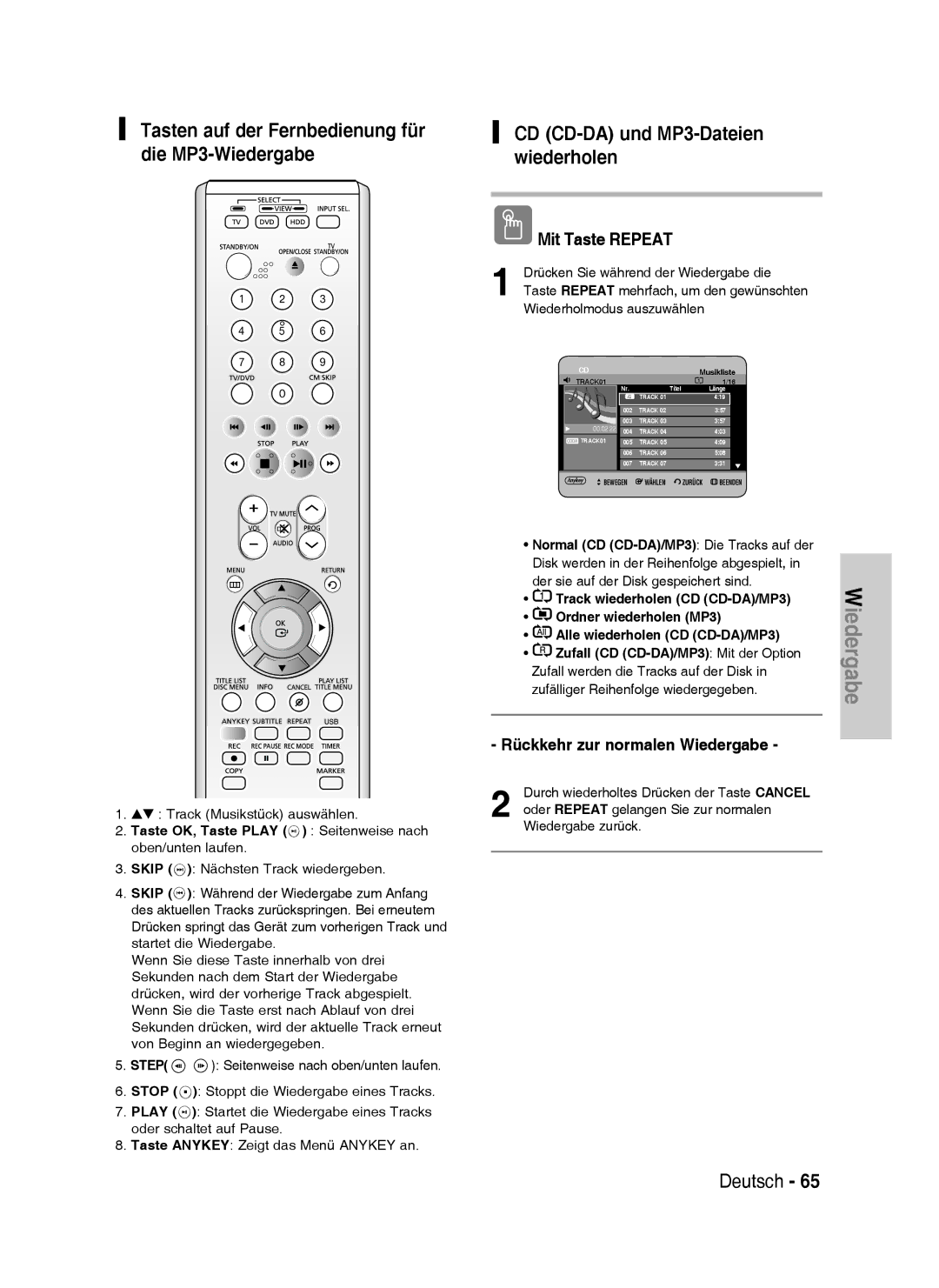 Samsung DVD-HR733/XEG Taste OK, Taste Play Seitenweise nach oben/unten laufen, Taste Repeat mehrfach, um den gewünschten 