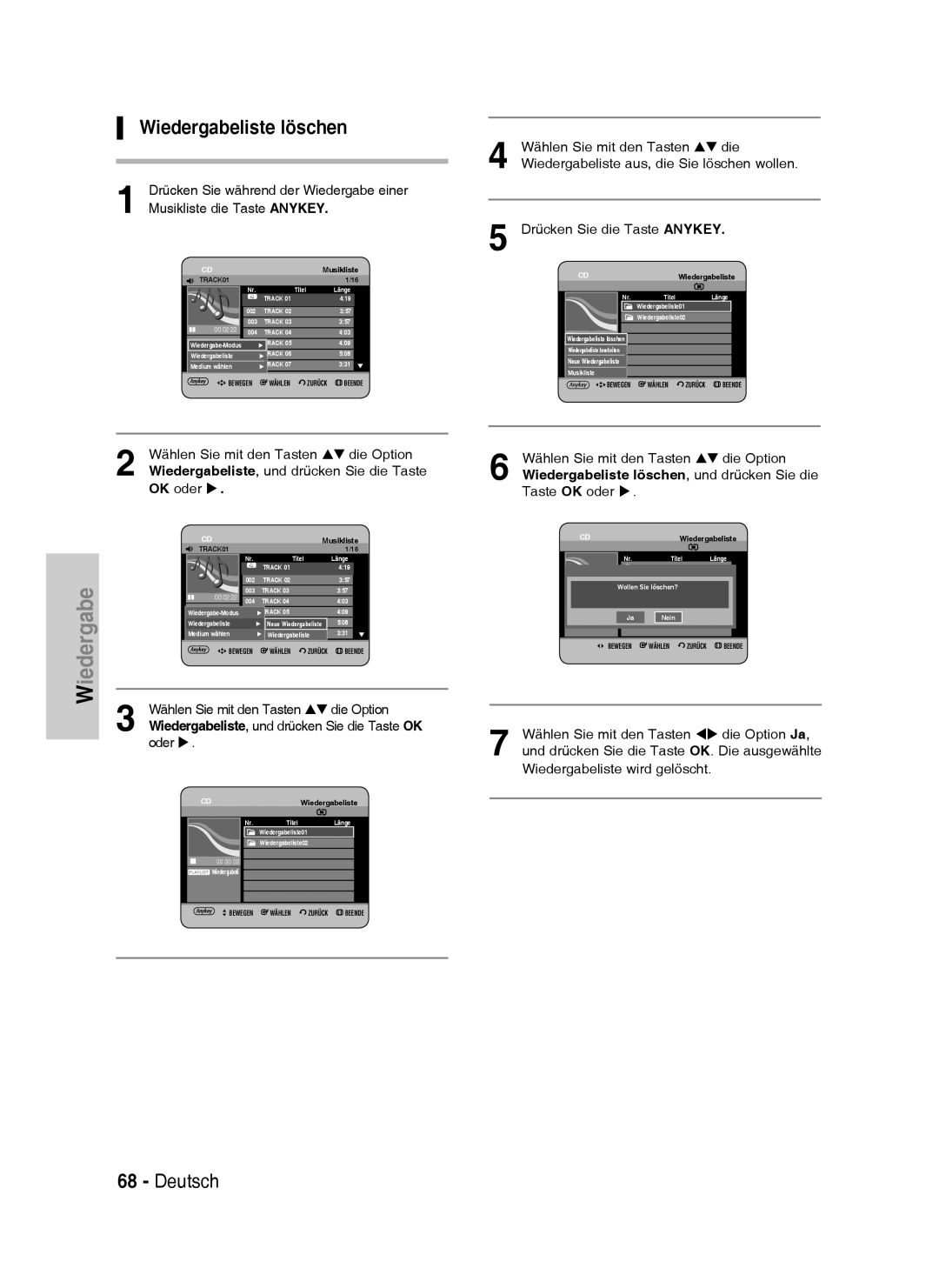 Samsung DVD-HR738/XEG, DVD-HR733/XEG Wiedergabeliste löschen, Musikliste die Taste Anykey Drücken Sie die Taste Anykey 